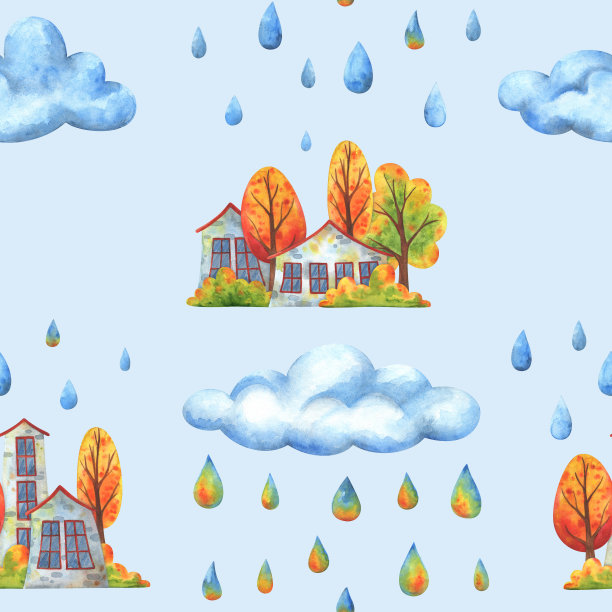 城市在云与雨。秋天的无缝模式与房子和倒下的树在一个蓝色的背景。用于织物、纺织品和纸张的装饰印花。库存图像与儿童插图。图片下载