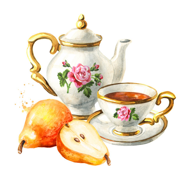 茶壶，一杯茶和梨。手绘水彩插图孤立的白色背景图片下载