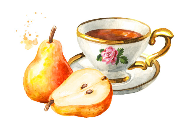 一杯加梨的茶。手绘水彩插图孤立的白色背景图片下载