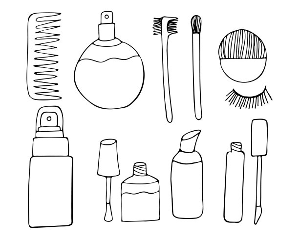 化妆涂鸦图标集合在向量。手绘化妆图标集合。一组涂鸦化妆品图标矢量。图片下载