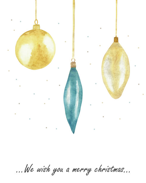 水彩手画冬季节日庆祝组成与金色和蓝色圣诞玩具球在一根绳子上与我们祝你圣诞快乐的文字在白色的背景为贺卡图片下载