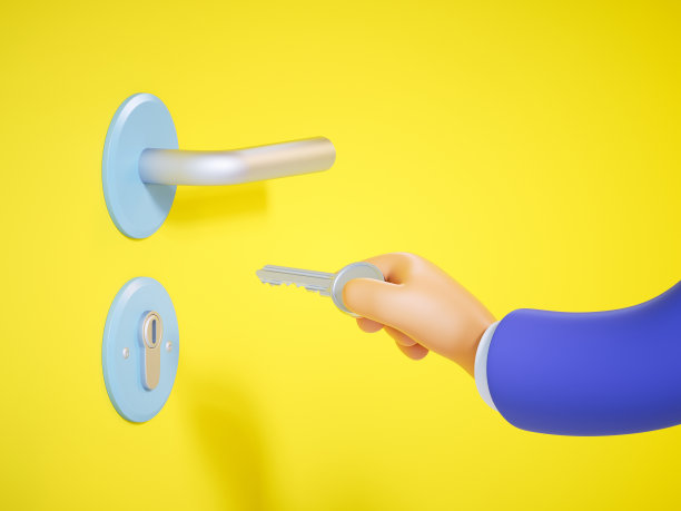 3d渲染，卡通人物手持钥匙，试图打开门。业主，进入封闭房间。剪贴艺术孤立在黄色背景图片下载