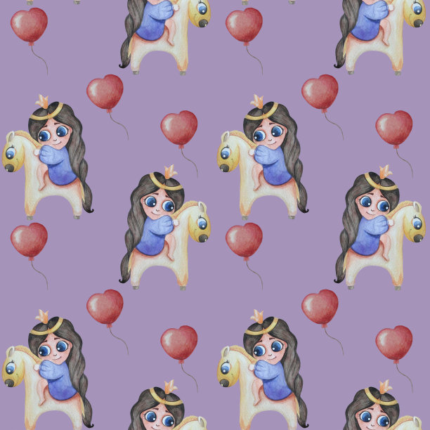 可爱的孩子们集合。无缝模式。小女孩公主戴着皇冠和长发骑在一匹马上，马的背景是深紫色的，还有气球。水彩。用于包装、纺织、设计、印刷图片下载