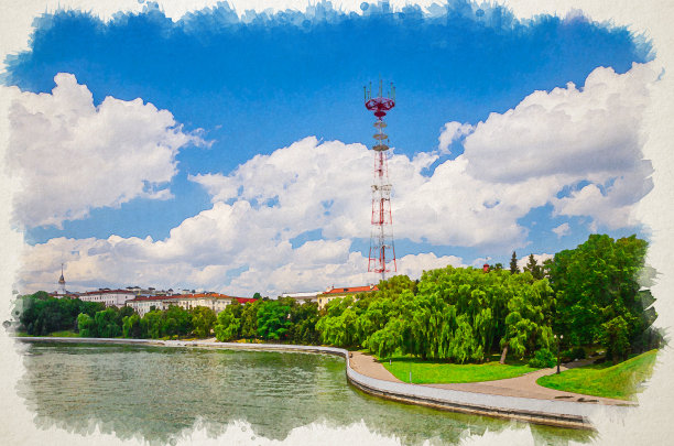 明斯克水彩画城市景观Svislach或Svislac河堤岸和电视塔在历史中心，蓝天白云在阳光明媚的夏天，白俄罗斯共和国图片下载