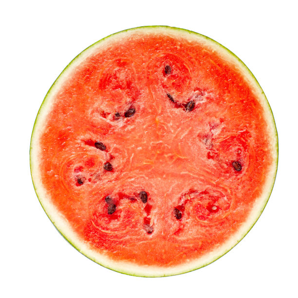 多汁的红熟甜西瓜切过。白色背景上的圆形切片。孤立。特写镜头。从以上观点。图片下载