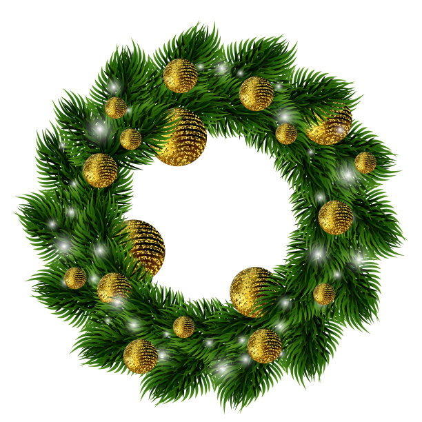 新年和圣诞花环。传统的冬季花环上有雪花，金色的小玩意在圣诞树的树枝上孤立在白色的背景上。设计装饰。向量图片下载