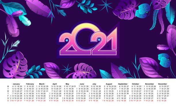 2021年热带叶水平日历矢量图片下载