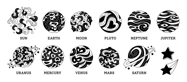 太阳系行星线集涂鸦空间矢量图片下载