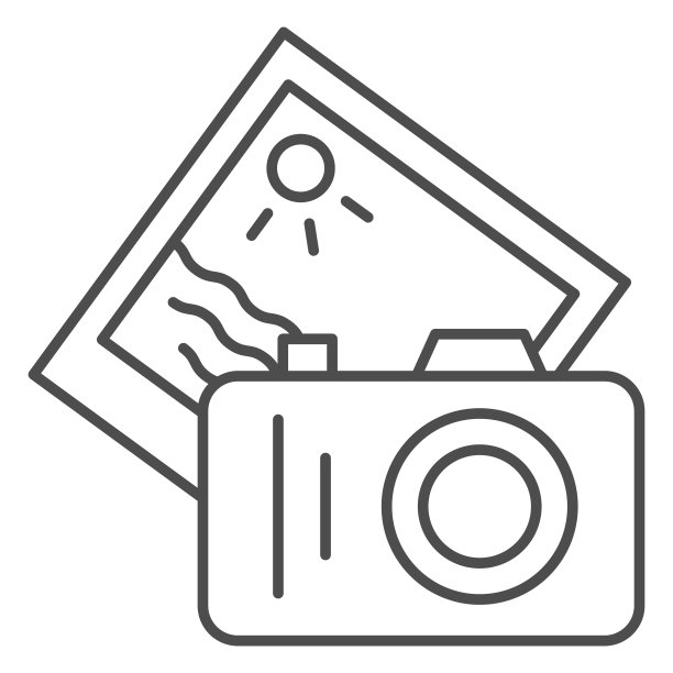 相机和夏季照片细线图标，海上巡航概念，照片拍摄标志上的白色背景，相机与记忆卡图标在轮廓风格的移动概念，网页设计。矢量图形。图片下载