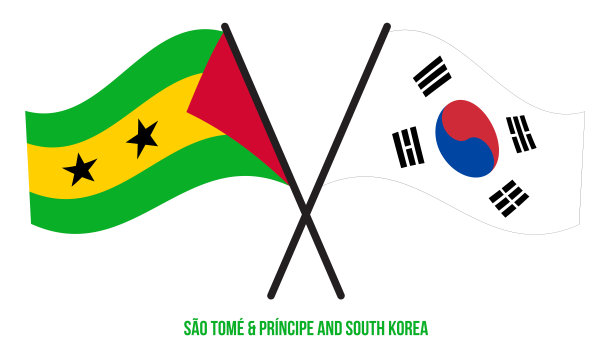 圣多美和韩国国旗交叉和挥舞的平风格。官方的比例。正确的颜色。图片下载