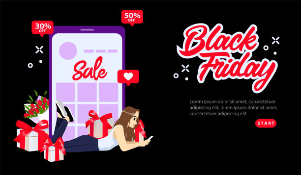 网上购物，黑色星期五超级促销概念。黑色星期五特别优惠，折扣为30或50%。女孩用智能手机网购。平面风格矢量插图上的黑色背景图片下载