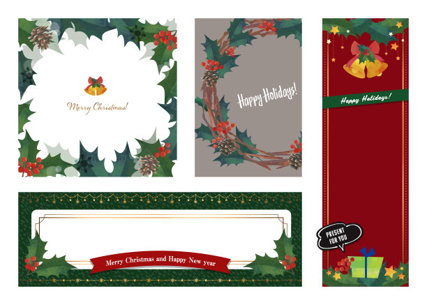 古董圣诞设计横幅和卡片，一套四图片下载