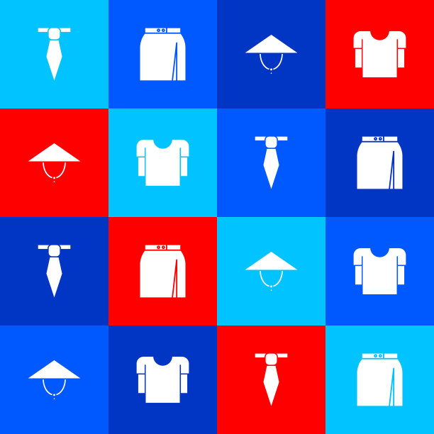 集领带，裙子，亚洲锥形帽和长袖衬衫图标。向量图片下载