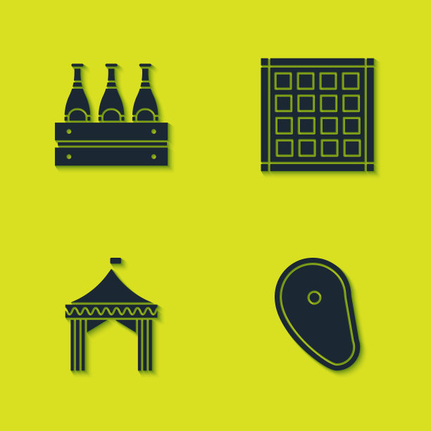 啤酒瓶，牛排，露营帐篷和方格餐巾图标。向量图片下载