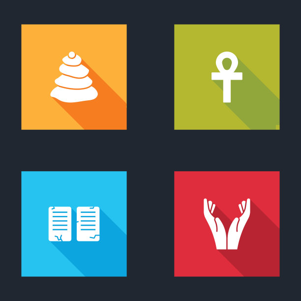 设置堆栈热石头，十字章，诫命和手在祈祷位置图标。向量图片下载