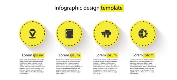 设置位置与销售漏斗，服务器，数据，网络托管，云下载和上传和地球齿轮。业务信息模板。向量图片下载