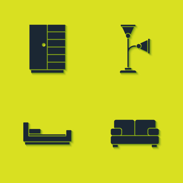 设置衣柜，沙发，床和落地灯图标。向量图片下载