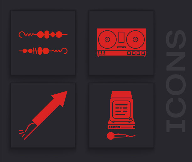 设置卡拉ok，烤烤肉串，DJ遥控器播放和混合音乐和烟花火箭图标。向量图片下载