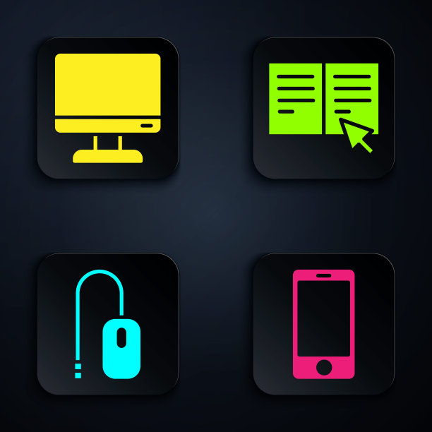 设置手机、电脑显示屏、电脑鼠标和在线图书。黑色方形按钮。向量图片下载