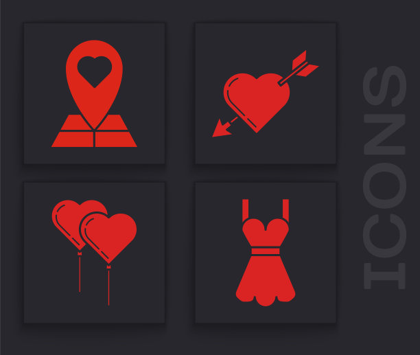 集女子礼服，地图指针与心，爱情符号与心和箭头和气球的形式与丝带图标。向量图片下载