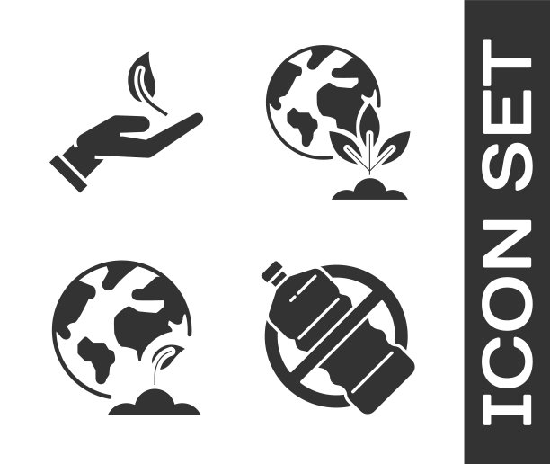 设置无塑料瓶，环保手中有芽苗，地球仪和植物，地球仪和植物图标。向量图片下载