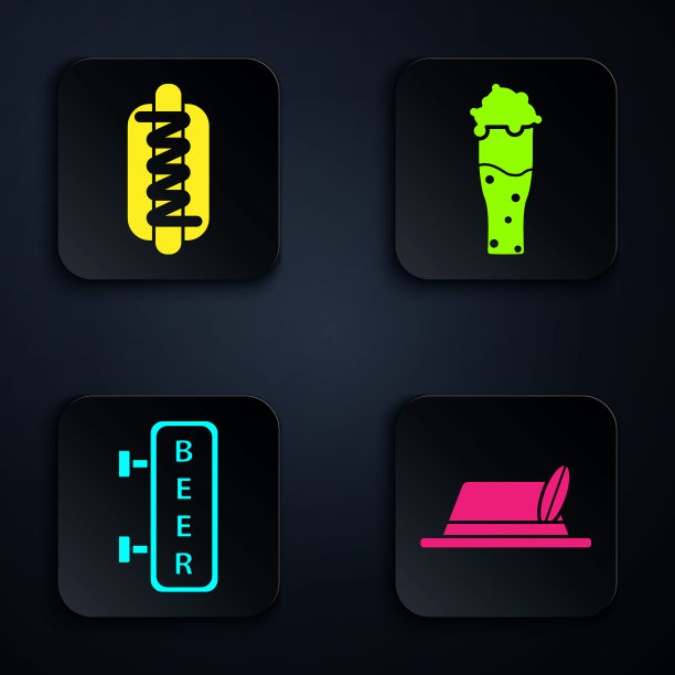 啤酒节的帽子，芥末热狗三明治，标有“啤酒”和“啤酒杯”的招牌。黑色方形按钮。向量图片下载