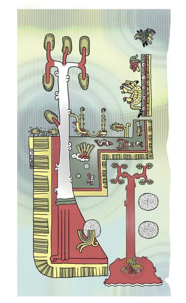 玛雅人的装饰风格。火山喷发。以硫酸形式存在的水。垂死的鱼。太阳辐射。图片下载