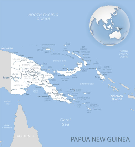蓝灰色详细地图的巴布亚新几内亚行政区划和位置在全球。图片下载