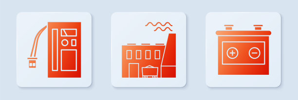 集火力发电厂和工厂，电瓶厂和汽车电瓶厂。白色正方形按钮。向量图片下载