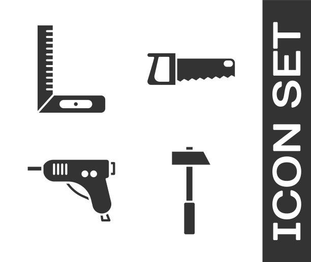 Set Hammer, Corner ruler, Electric hot glue gun and Hand saw icon。向量图片下载