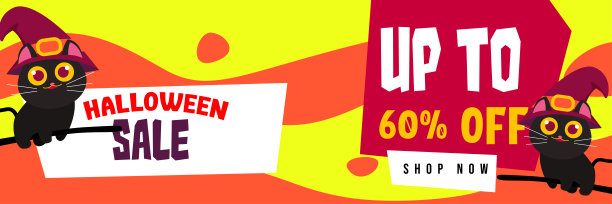 万圣节促销横幅上有两只快乐可爱的黑猫骑在扫帚上。可以用于海报，横幅，特别优惠，折扣图片下载