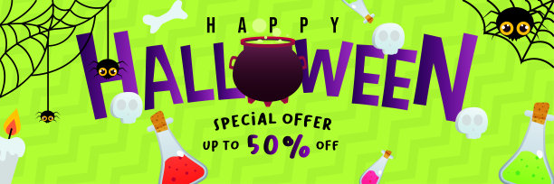 快乐万圣节促销促销横幅女巫装饰，大坩埚与绿色火山口，毒药瓶，头骨，可爱的蜘蛛。特别优惠高达50%图片下载