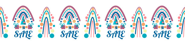 圣诞销售矢量，促销横幅与抽象几何装饰，礼物，圣诞树。无缝模式。横向边界。彩虹的时尚趋势。寒假打折。图片下载