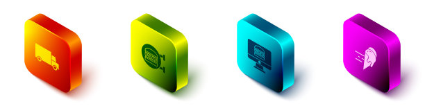 设置等距快速送货的汽车，在线订购汉堡，和和冰淇淋图标。向量图片下载