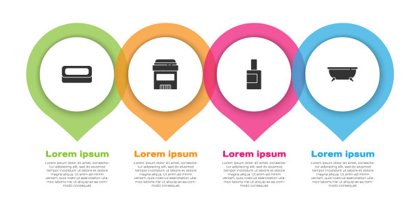 设置肥皂条，止汗除臭辊，清洁剂瓶和浴缸。业务信息模板。向量图片下载