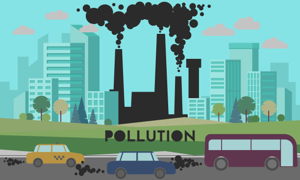 汽车、公交车污染空气。城市道路烟雾，工厂烟雾和工业二氧化碳云。汽车有毒污染，污染空气或环境的汽车废物危害矢量漫画插图图片下载