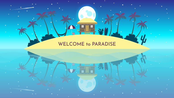 矢量横幅与夏季度假。夜晚，月亮，星星，天堂岛上的小行星。沙滩。简单的设计。假期的概念。背景说明图片下载