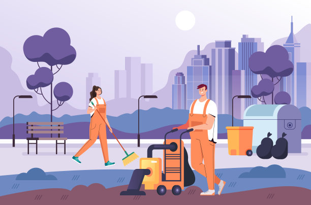 人们男女工人清洁公园。清洁服务概念矢量平面平面设计平面插图图片下载