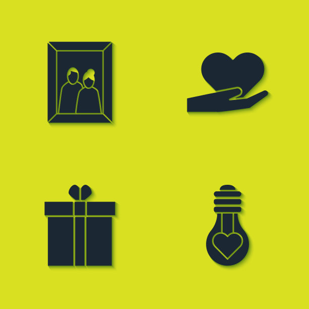 设相框，心形灯泡，礼盒，心形和手的图标。向量图片下载