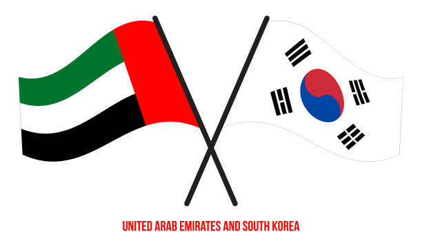 阿拉伯联合酋长国和韩国国旗交叉和挥舞平风格。官方的比例。图片下载
