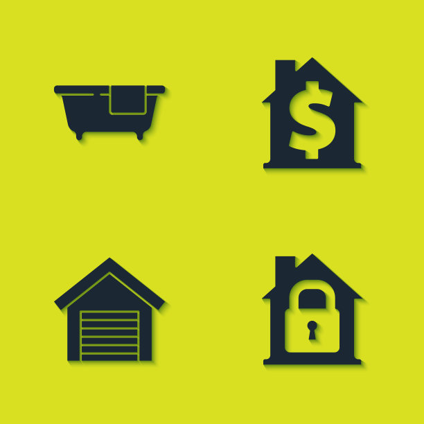 设置浴缸，房子在保护下，车库和与美元符号图标。向量图片下载