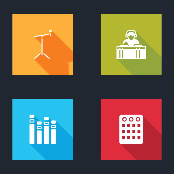 设置麦克风支架，DJ播放音乐，音乐均衡器和鼓机图标。向量图片下载