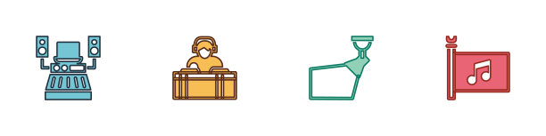 设置音乐录音棚，DJ播放音乐，电影聚光灯和节日旗帜图标。向量图片下载