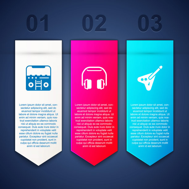 设置家庭立体声扬声器，耳机和电子低音吉他。业务信息模板。向量图片下载