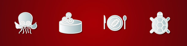 设置章鱼，罐头鱼子酱，黄瓜盘和海龟图标。向量图片下载