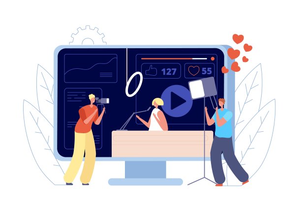 视频博客。播客频道，实时流媒体或人们拍摄视频博客。在线访谈，网络社交媒体直播矢量插画图片下载