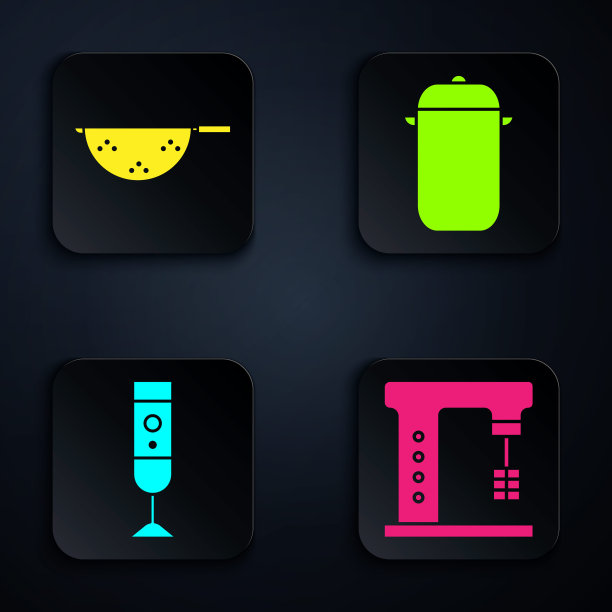 设置电动搅拌机，厨房滤锅，搅拌机和烹饪锅。黑色方形按钮。向量图片下载