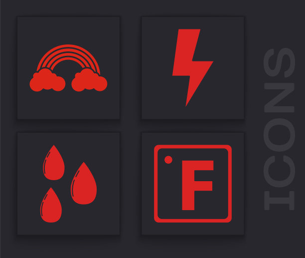 设置华氏度，彩虹与云，闪电和水滴图标。向量图片下载