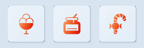 设置蜂蜜罐，冰淇淋在碗和圣诞糖果手杖。白色正方形按钮。向量图片下载