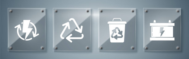 设置汽车电池，回收站与回收符号，回收符号和充电。方形玻璃面板。向量图片下载